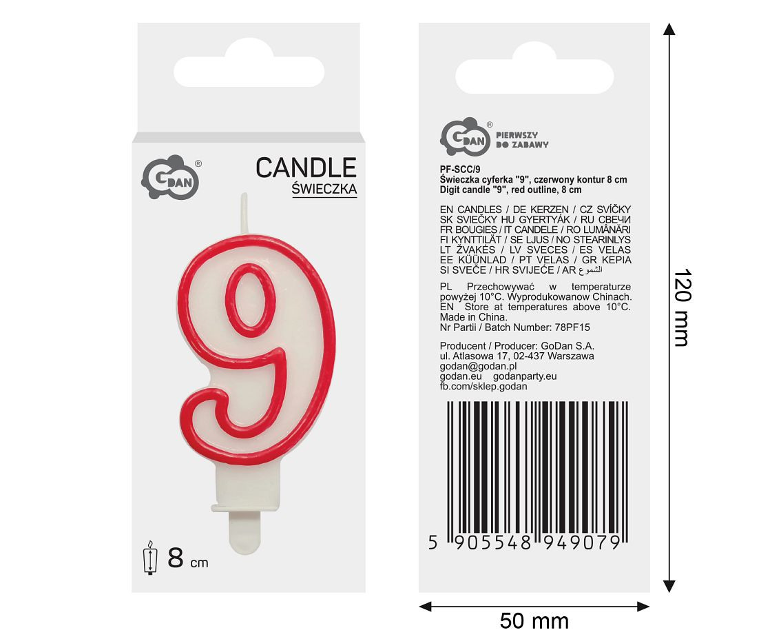 Świeczka cyferka "9", czerwony kontur 8 cm